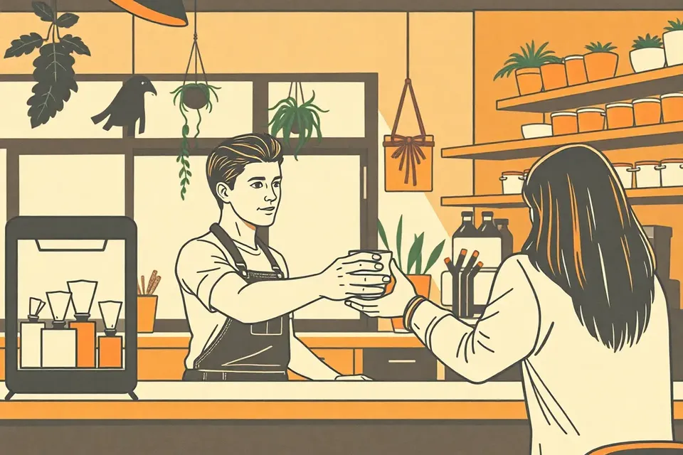 A barista handing a coffee cup to a customer in a cozy cafe with wooden interior and plants, soft morning light.