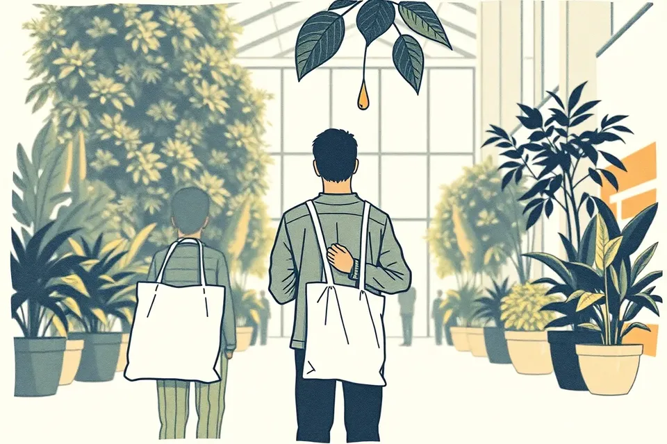 Two stylized figures in a bright atrium, one with a tote bag, one with a plant, facing a green living wall with a falling water droplet.