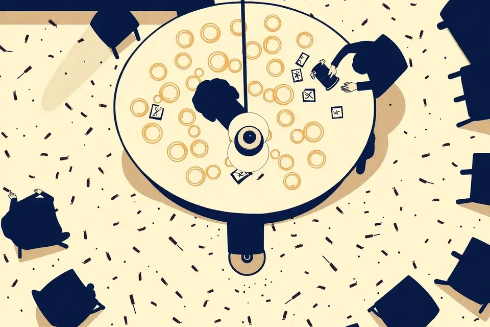 An overhead view of a circular bar with dark silhouetted patrons, condensation rings, and scattered napkins, capturing a relaxed midweek nightlife scene.