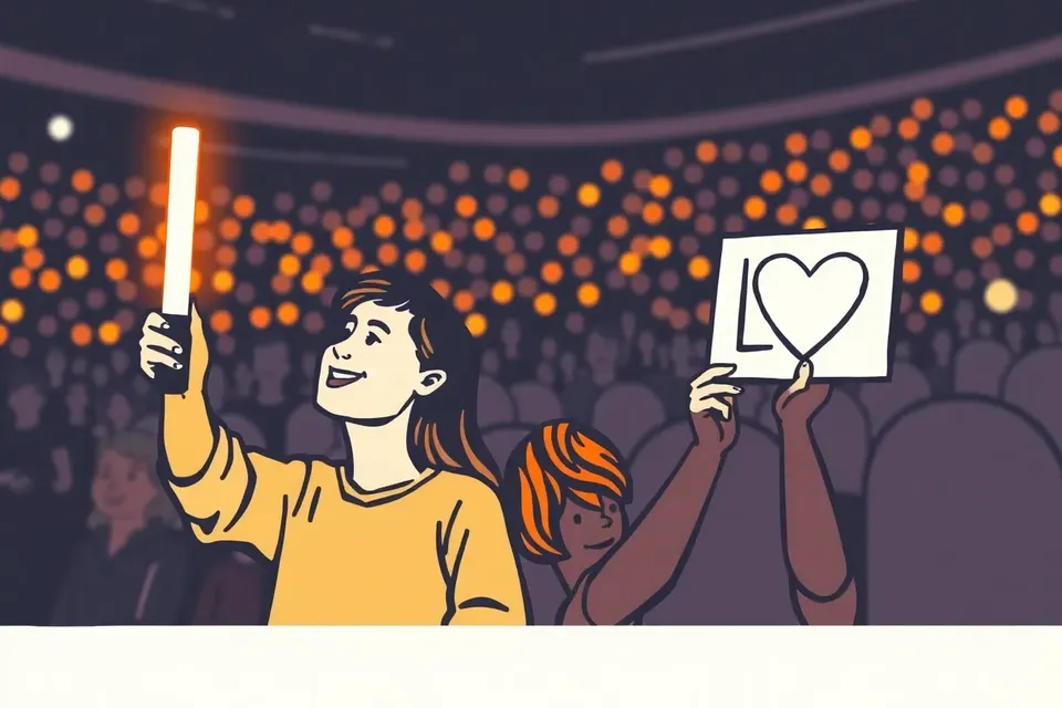 Two fans in a dark concert hall, one holding a glowing lightstick, the other a heart-shaped sign, their faces illuminated with excitement.