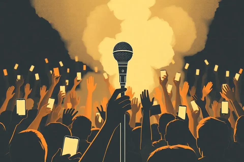 A microphone on stage with a crowd of raised hands and phone lights in the background, creating an electric concert atmosphere.