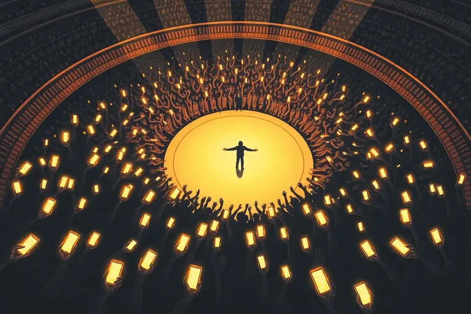 An overhead view of a concert crowd in a circular arena, with glowing phone lights creating a starry pattern and a lone performer on a central stage.