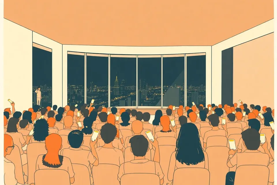 A wide shot of a modern event room with large windows, filled with small figures of fans holding glowing phones, and a single figure on a stage under a spotlight.