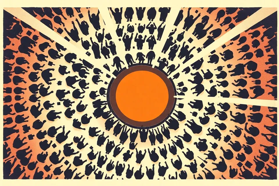 An overhead illustration of a concert at Volume Livehouse, with a circular stage at center and radiating light beams. The audience forms concentric rings, with raised arms and glowing sticks creating a dynamic pattern.