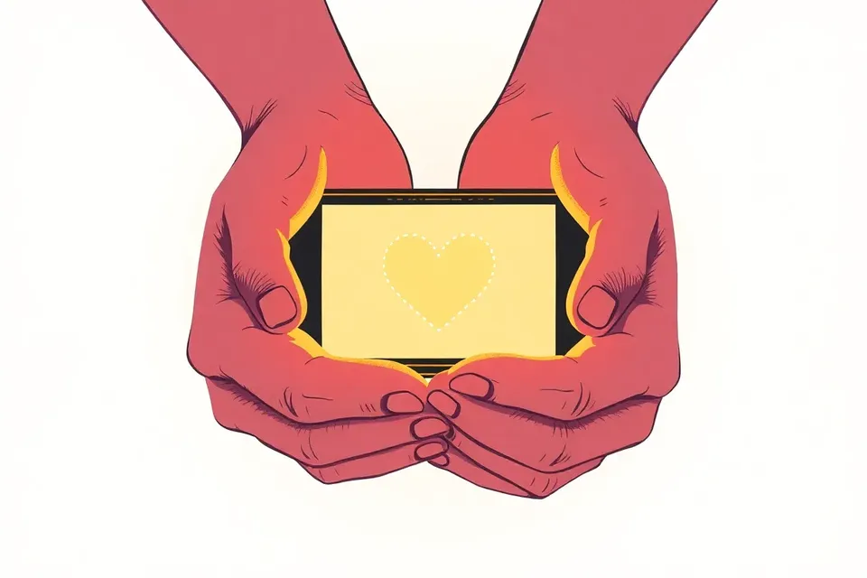 Close-up of hands holding a glowing screen with a pixelated heart, set against a soft blurred background.