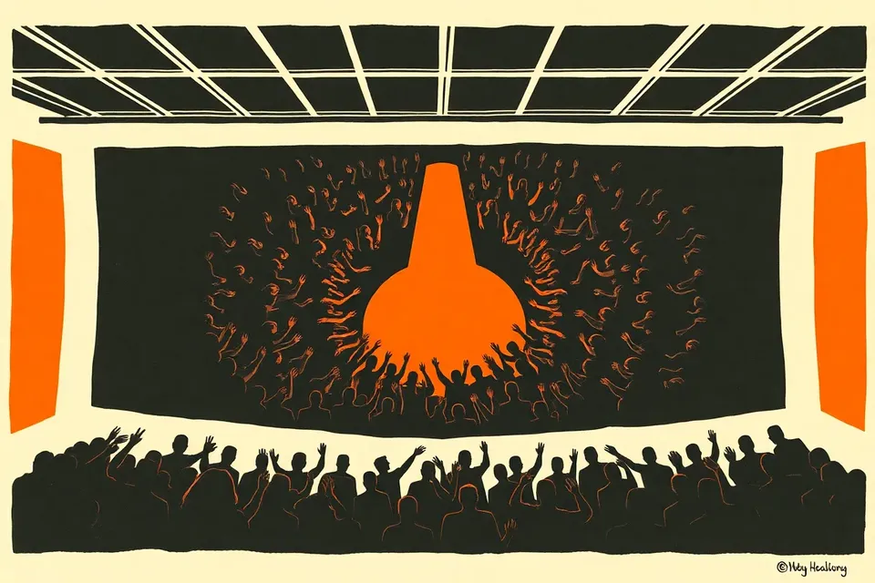 An overhead view of a dark, crowded nightclub with a circular stage at the center, surrounded by stylized figures with raised arms, under a patterned ceiling grid and a single spotlight.