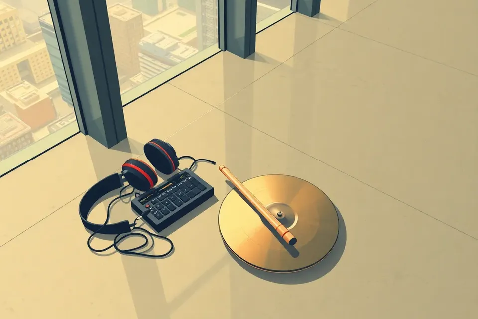 A still life arrangement on a concrete floor: headphones, a synthesizer with cables, and a drumstick on a cymbal, set in a bright, modern atrium with glass walls.