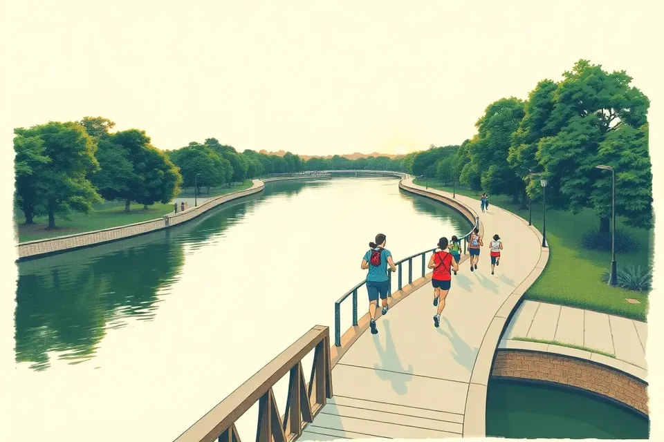 A wide view of a canal in Bangkok at sunrise, with a few runners on a path, a wooden bridge, and park greenery, evoking a peaceful morning run.