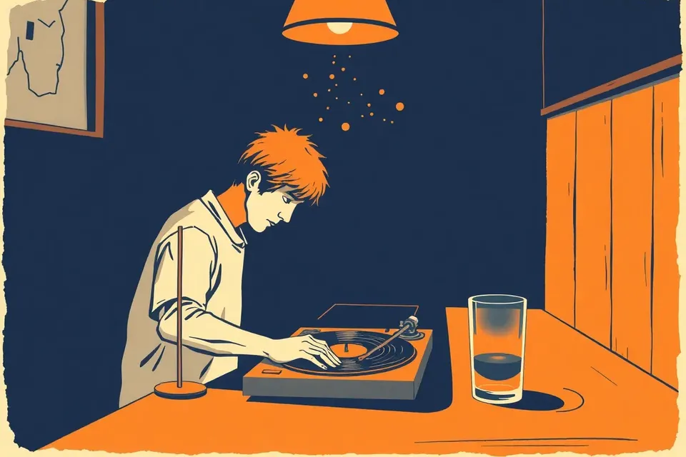 A person in a dark room stands over a turntable, holding a vinyl record. A small lamp illuminates the scene, with dust particles visible in the light. A glass sits on a wooden bar in the background.