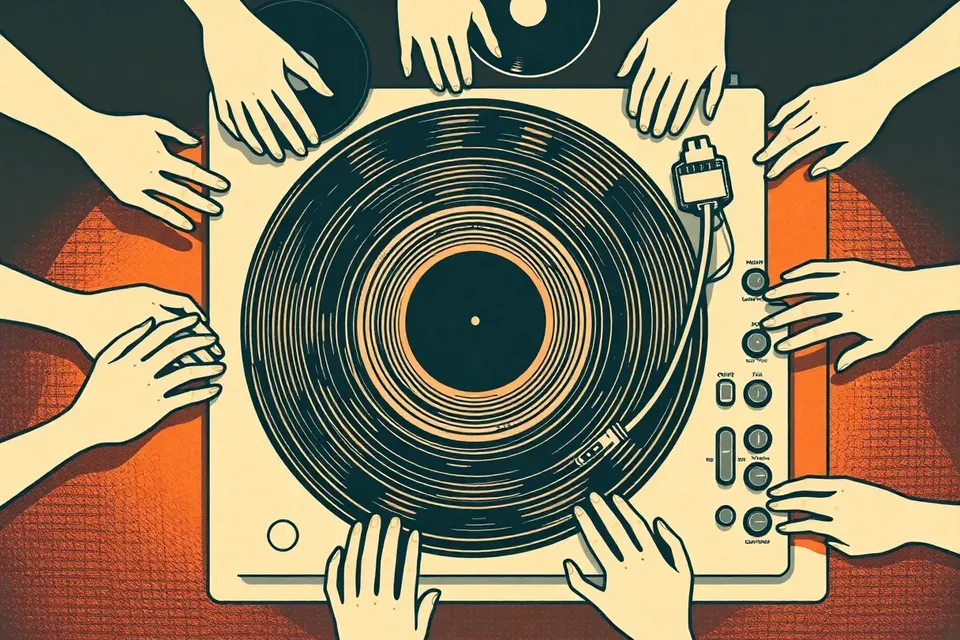 An overhead view of a turntable with a spinning vinyl record, surrounded by hands reaching in from the edges, some holding record sleeves, others adjusting mixer knobs, in a warm, cafe-like setting.