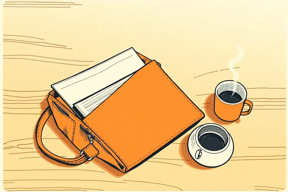 An open record bag with vinyl records on a wooden cafe table, next to an espresso cup and a cigarette in an ashtray, with smoke rising.