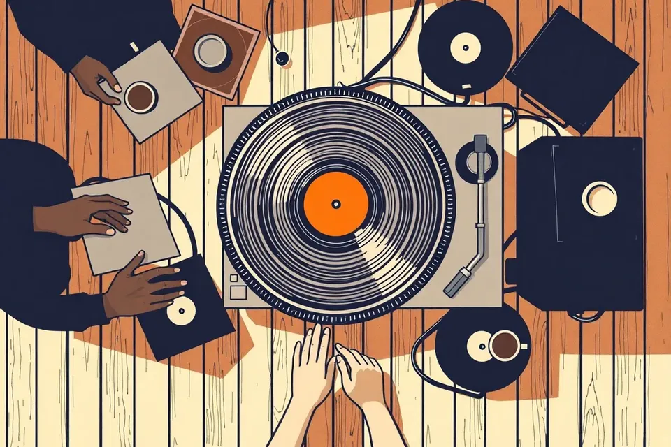 An overhead view of a DJ turntable with a spinning vinyl record, surrounded by hands and record sleeves on a wooden cafe floor.