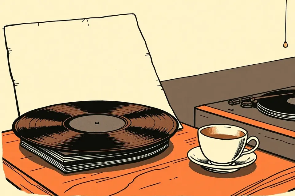 A still life of vinyl records, a turntable stylus, and a coffee cup on a wooden table, lit by a warm bulb, evoking a minimalist techno night at a cafe.