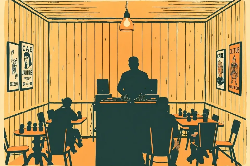 A dimly lit cafe with a DJ at a turntable, patrons seated at tables, warm light on vinyl records, vintage decor.