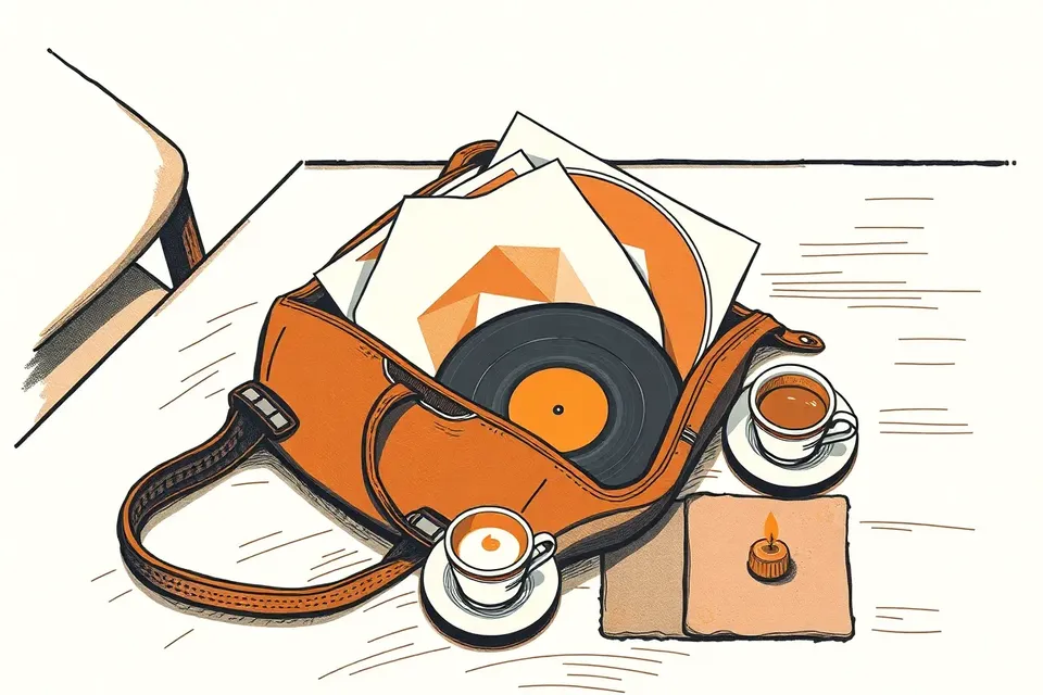 An open record bag with vinyl records, an espresso cup, and a candle on a wooden table, evoking a quiet, intimate night of minimal techno music.