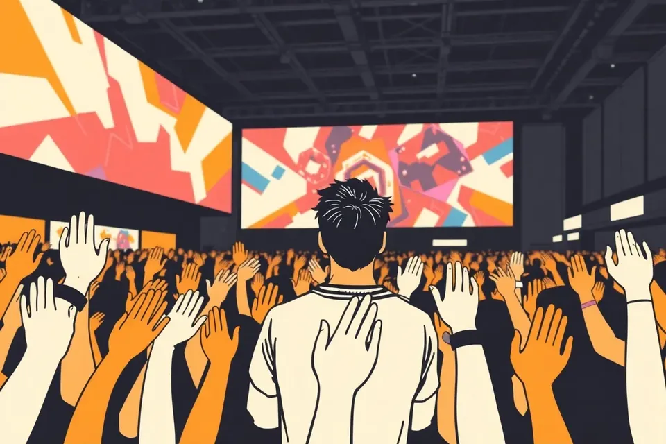A person in a crowd looks up at a large LED screen showing colorful abstract shapes, with hands raised around them and dim convention center ceiling above.