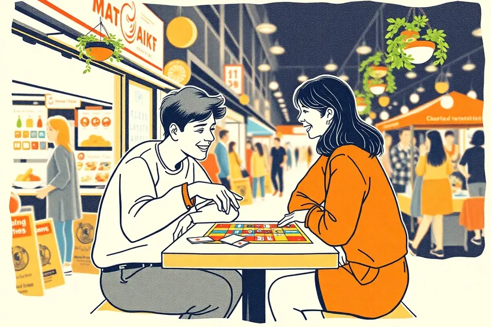 Two people at a night market table playing a board game, with market lights and plants blurred in the background.