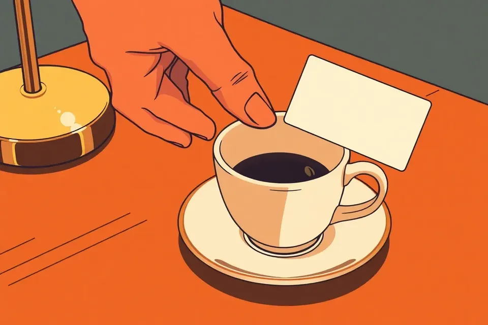 Close-up of a coffee cup and a hand holding a business card on a wooden table, with warm lamplight.