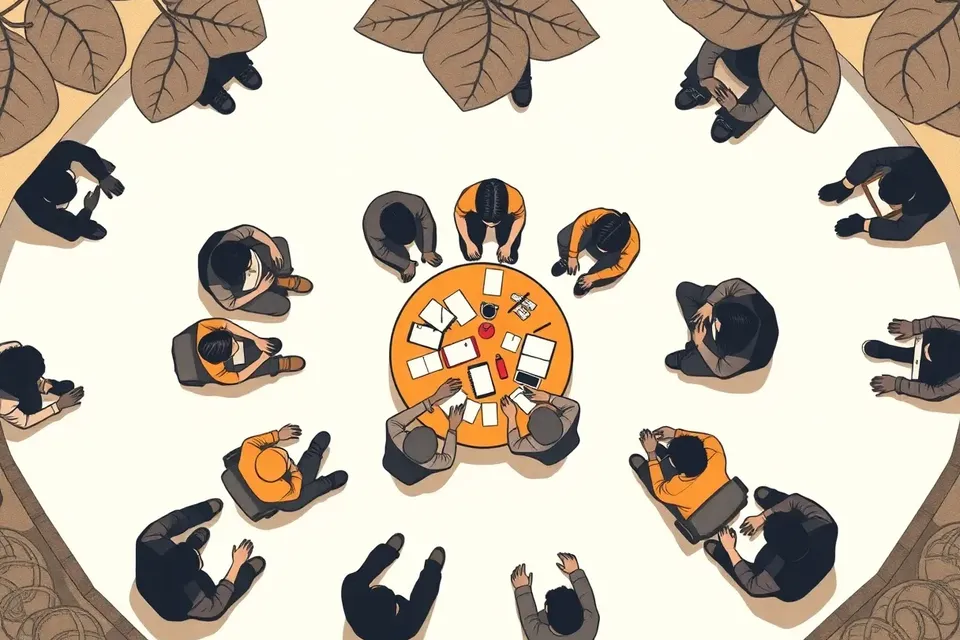 An overhead view of a group of people seated in a circle on a patterned floor, with notebooks and pens on a central table, under a ceiling with fig-leaf-shaped designs.