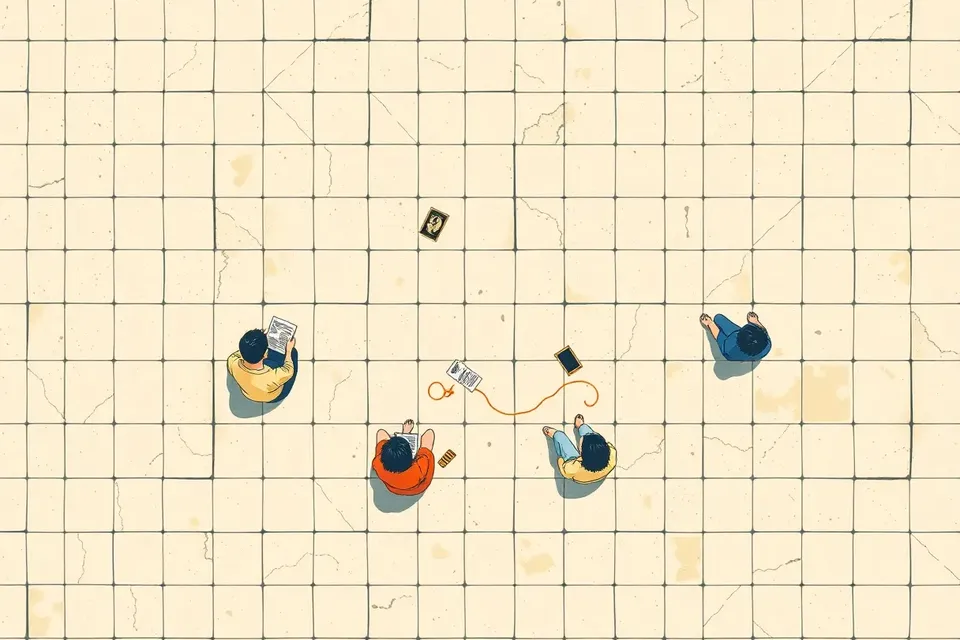 An overhead view of a patterned floor with four abstract figures sitting apart, each surrounded by symbolic objects that appear to shift and connect, evoking the fluid transmission of memories and stories.