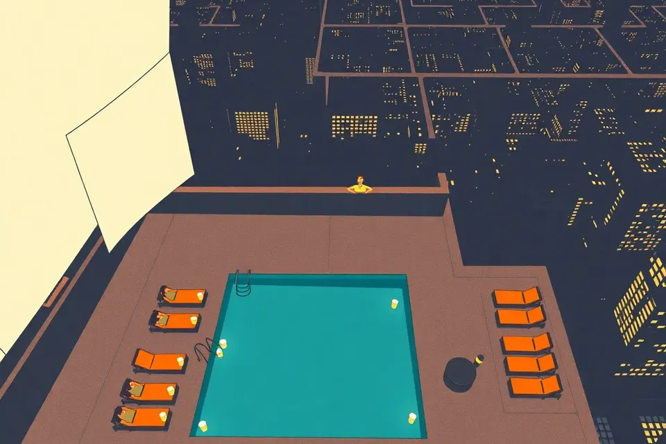 An overhead view of a rooftop pool at night, with loungers facing a movie screen, surrounded by a dark city grid with scattered lights.