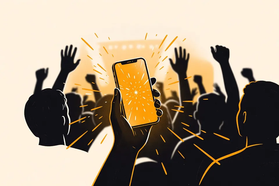 A close-up of a smartphone showing a fan-made lyric video with sparkles, held up in a dark concert crowd with blurred hands and stage lights.