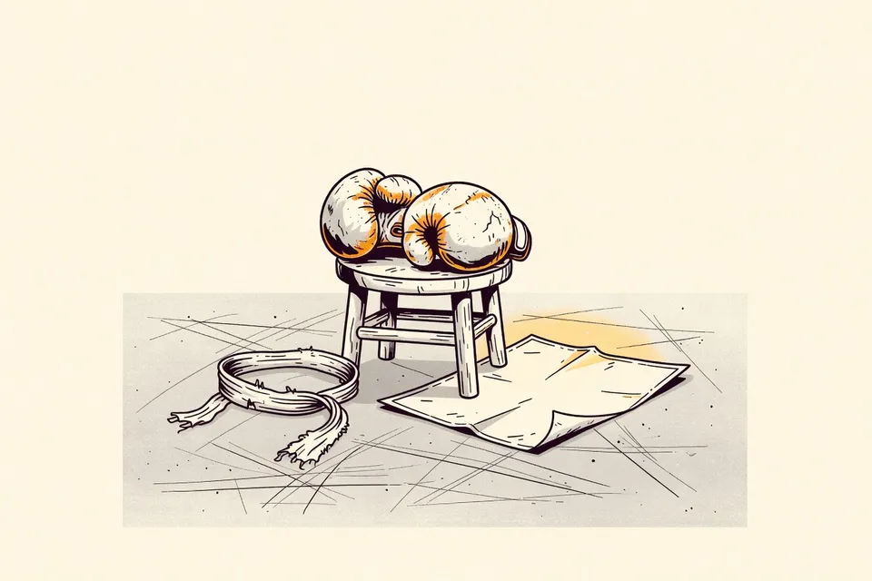 A still life of Muay Thai boxing gloves on a stool, a headband, and a crumpled poster on a scuffed concrete floor, lit by a distant ring light.