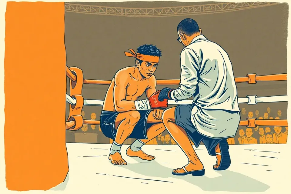 A stylized illustration of a Muay Thai fighter in a corner of a boxing ring, with a trainer adjusting his gloves, set against a blurred background of crowd and lights.