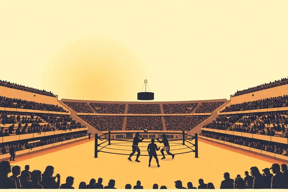 A wide view of an open-air stadium at dusk, with a boxing ring at the center and small silhouetted spectators filling the stands.