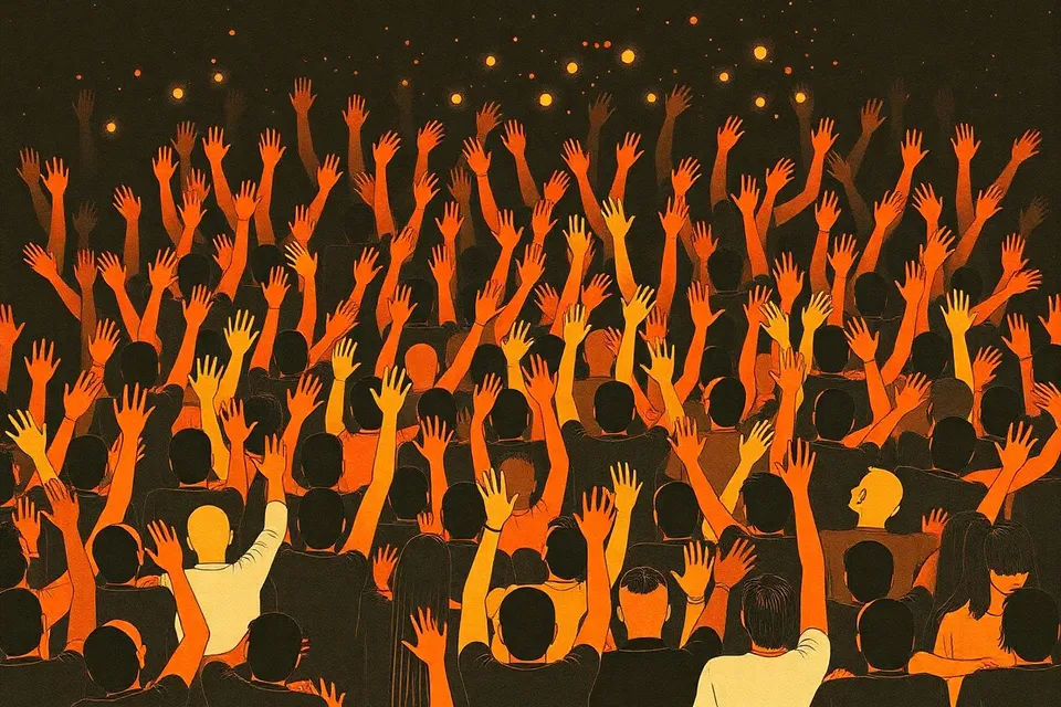 An overhead view of a crowded nightlife venue, with stylized figures raising their hands and confetti scattered on the floor, creating a dynamic pattern of celebration.