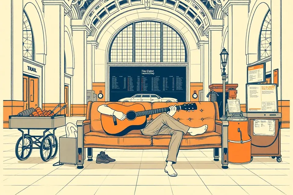 A person sits on a bench playing guitar in a grand railway station hall, with a food cart and flea market stall nearby, under a high arched ceiling.