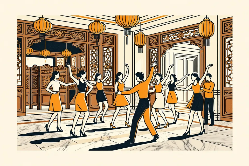 A wide shot of a grand lobby with red lanterns and carved wooden screens, where dancers in high heels pose in formation, led by a choreographer.
