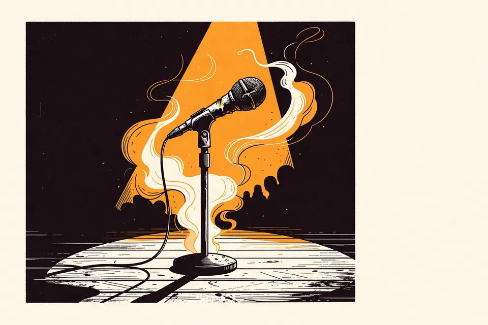 Close-up of a dented microphone stand on a smoky stage, lit by a blue spotlight, with scuffed floorboards visible.
