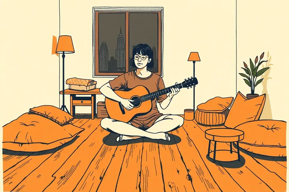 An intimate concert scene with a seated guitarist in a cozy room, warm lighting, and a glimpse of Bangkok's skyline through a window.