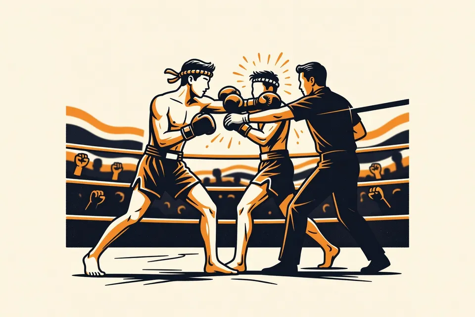 A Muay Thai fighter in blue shorts and a red headband delivers an elbow strike, sweat flying, as a referee intervenes. The crowd waves flags in the dimly lit stadium.