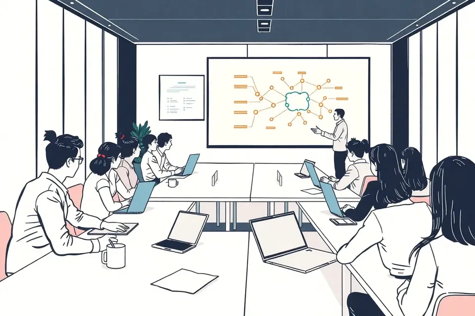 A wide view of a bright, contemporary classroom in Bangkok, where a small audience of professionals works on laptops, watching a screen displaying a network diagram, with a speaker standing nearby.