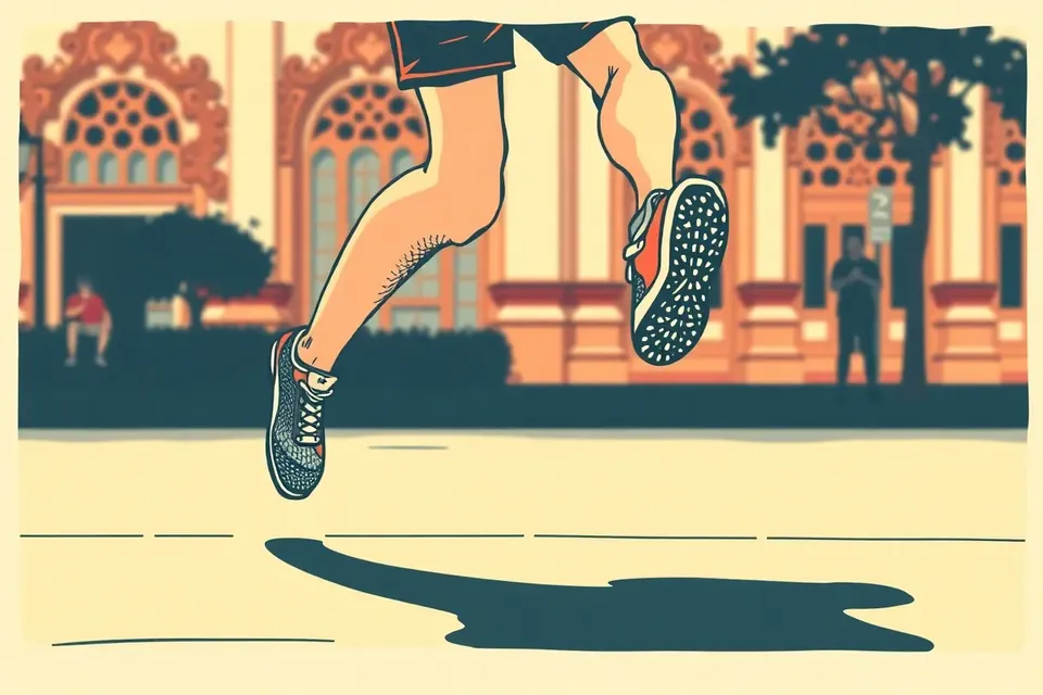 Illustration of a runner's legs and sneakers in motion, with a blurred Thai temple-like building detail in the background, evoking an evening run in a historic area.