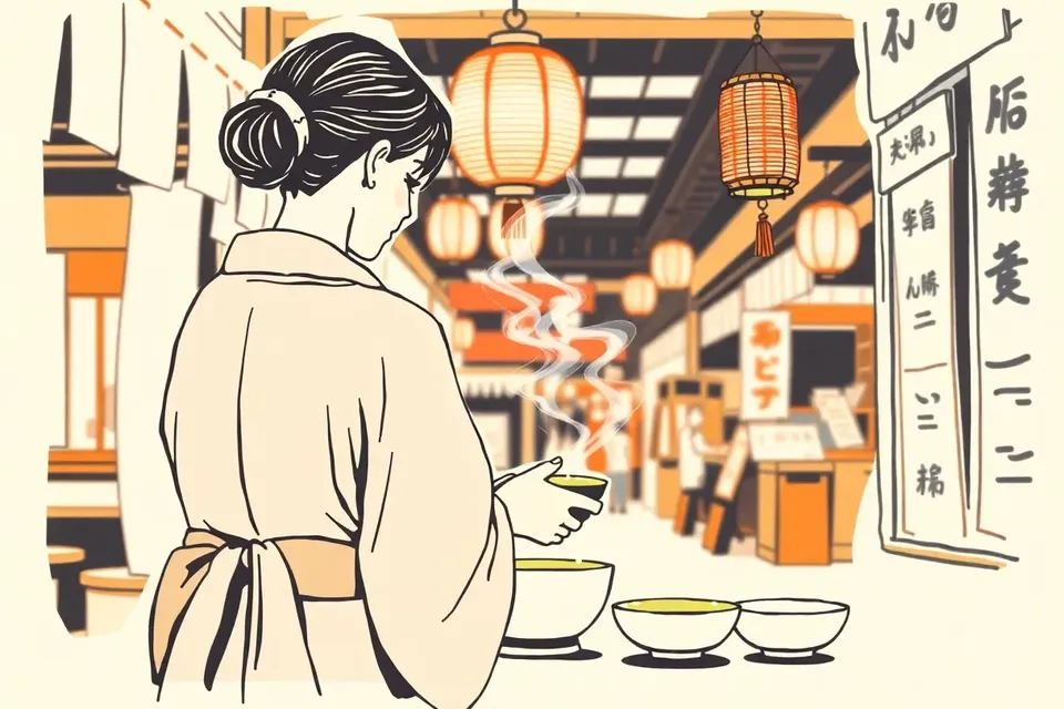 Illustration of a woman in a kimono whisking matcha in a bowl, with steam rising and a paper lantern glowing nearby, set against a blurred background of market stalls.
