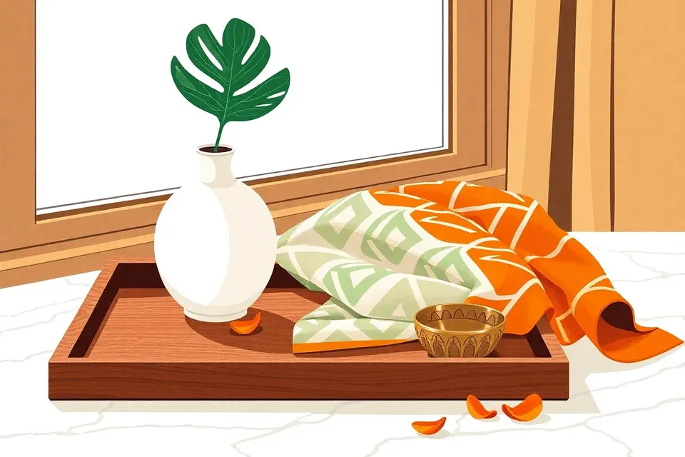 A still life arrangement on a marble surface: a ceramic vase with a tropical leaf, a folded silk scarf with geometric patterns on a teakwood tray, and a brass bowl with jasmine petals.