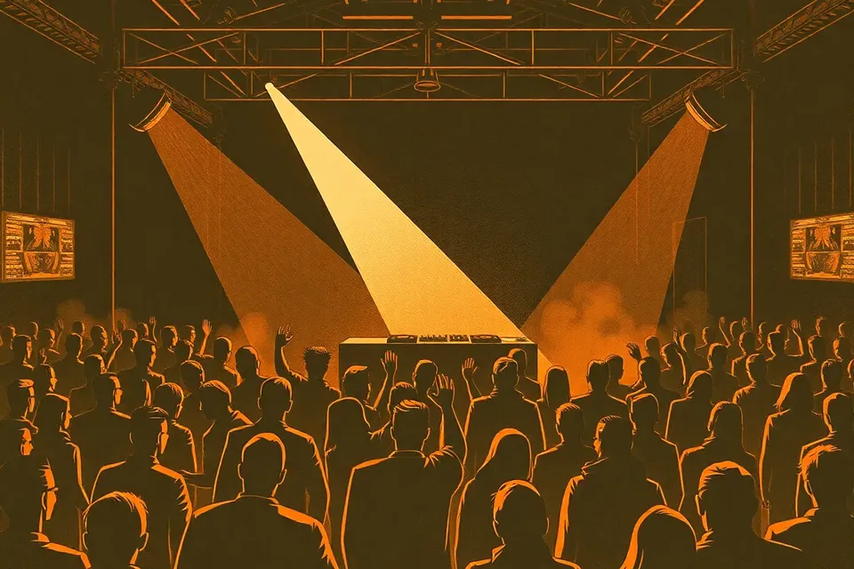 A wide shot of a dark, industrial club with a haze-filled room, a central DJ booth, and a crowd of small figures dancing under a single beam of light.