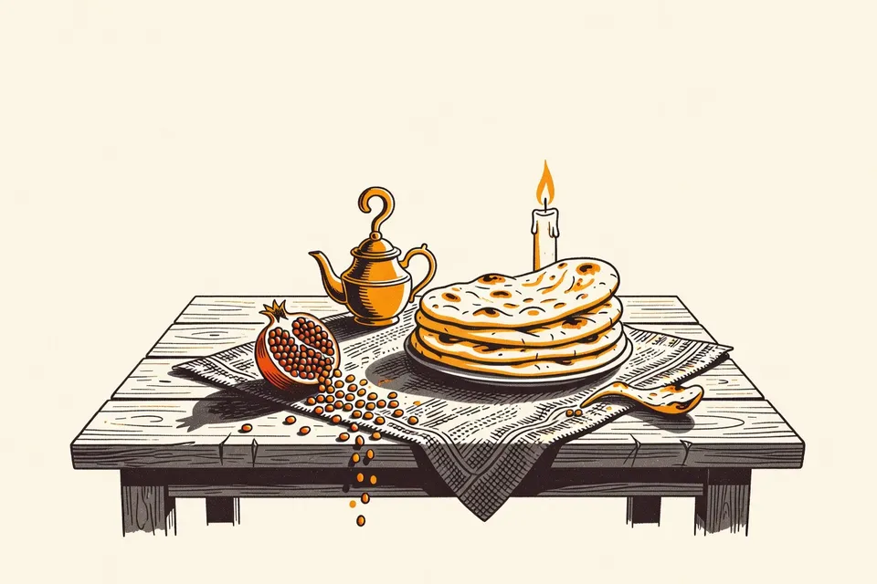 A still life arrangement on a wooden table: a brass teapot, stacked naan bread, and a split pomegranate with scattered seeds, illuminated by candlelight.