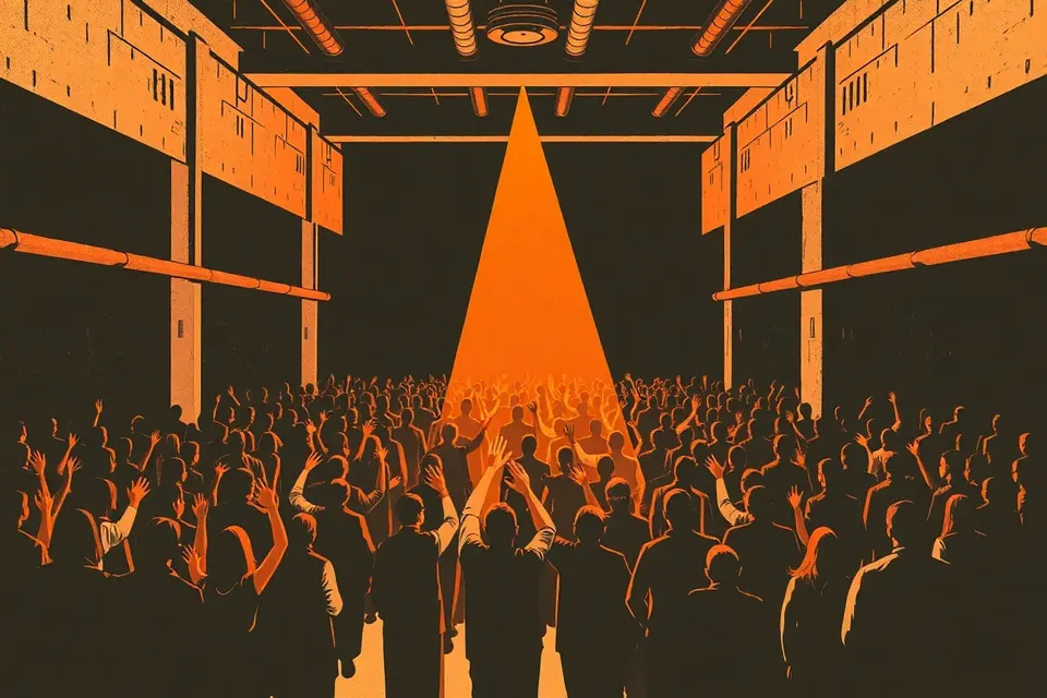 A wide shot of a dark industrial venue with a crowd of silhouetted figures dancing under a single beam of light, concrete walls and pipes visible, evoking a techno night.