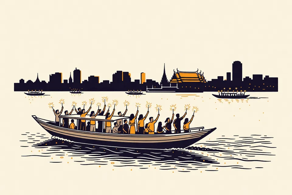 A wide shot of a long-tail boat on the Chao Phraya River at dusk, filled with silhouetted people holding sparklers. The Bangkok skyline and a temple roof are visible in the background, with other party boats dotting the river.