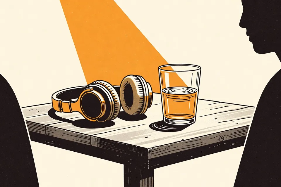 Close-up of headphones on a wooden table with a glass of water, blue stage light reflecting, suggesting a quiet concert atmosphere.