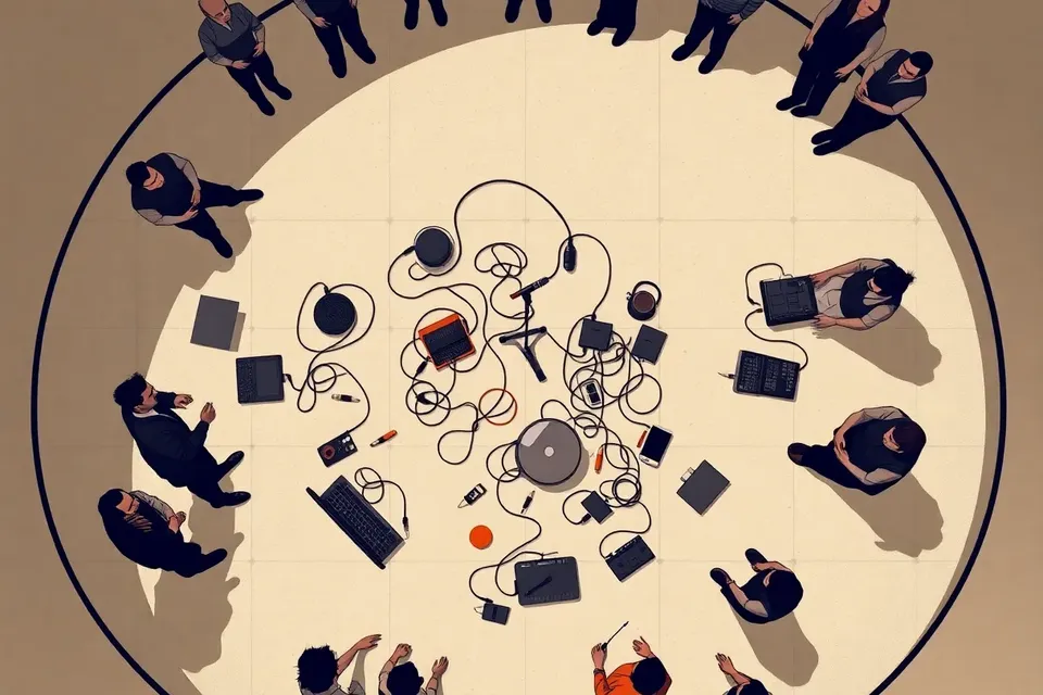 Overhead view of a circular setup of instruments and cables on a concrete floor, with a microphone stand at the center, surrounded by effects pedals and a laptop, inside a gallery space with curved walls and audience shadows.