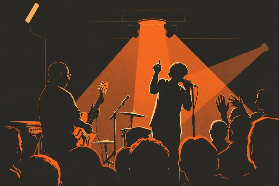 A bassist and a singer perform on a dimly lit stage, with the bassist's fingers on the strings and the singer gesturing toward the audience, surrounded by silhouetted crowd members.