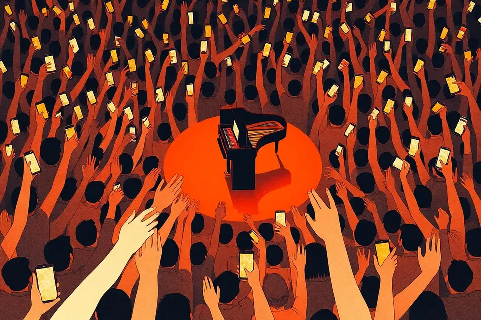 Overhead view of a concert crowd with raised phones and arms around a circular stage featuring a grand piano.