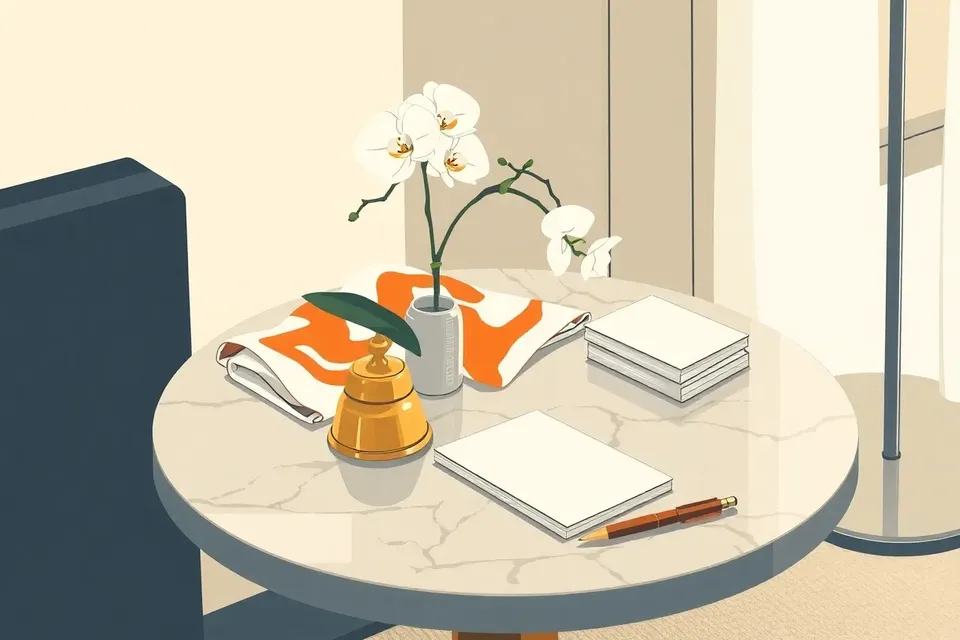 A still life arrangement on a marble table in a luxury hotel lobby, featuring a folded silk scarf, a brass bell, a white orchid, blank cards, and a gold pen, with soft lighting.