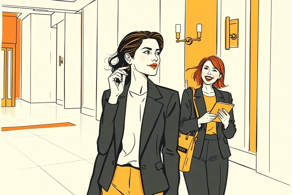 Two women in a hotel lobby, one adjusting her earring, the other holding a notebook, with warm lighting and marble floors.