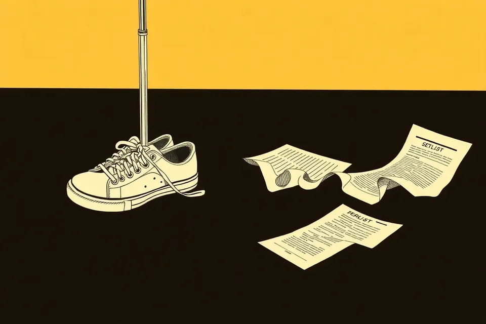 A still life of a pair of white sneakers, a microphone stand, and a crumpled setlist on a dark stage, lit by a single spotlight.
